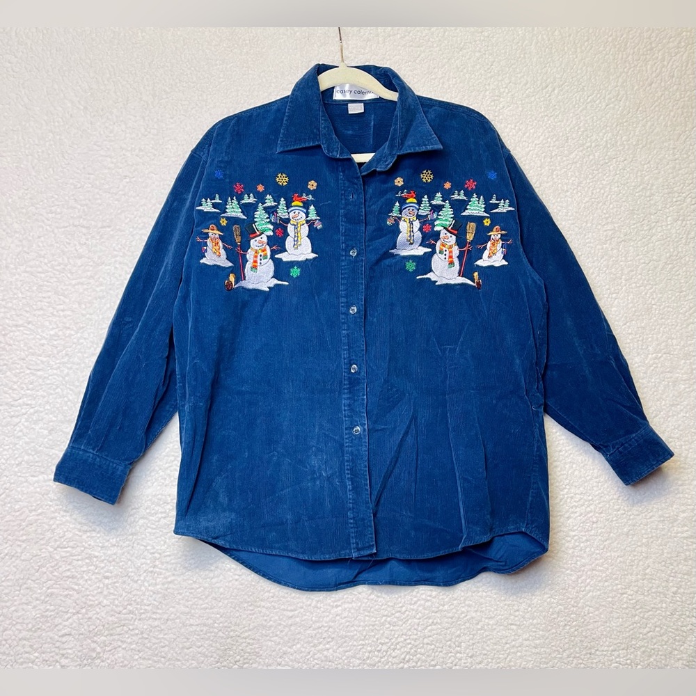 Vintage Casey Coleman Corduroy Snowman Embroidered Button Up Size L